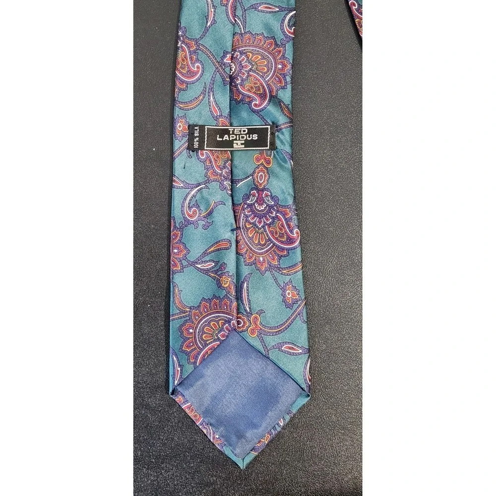 Ted Lapidus 100% Silk Paisley Tie – Teal Purple‎ Orange Pattern – 61